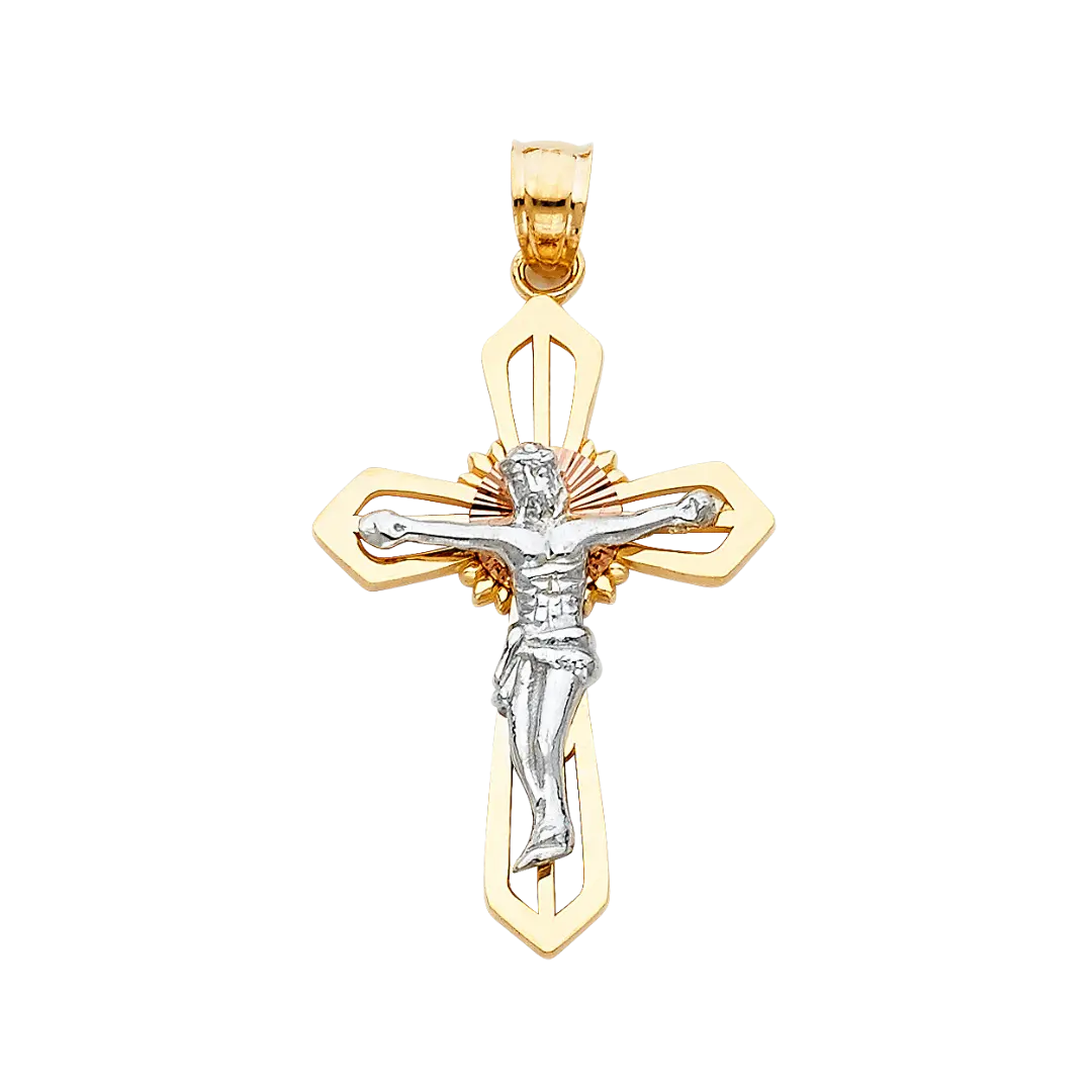 Fancy Crucufix with CZ Pendant - 14k Tri Color Gold