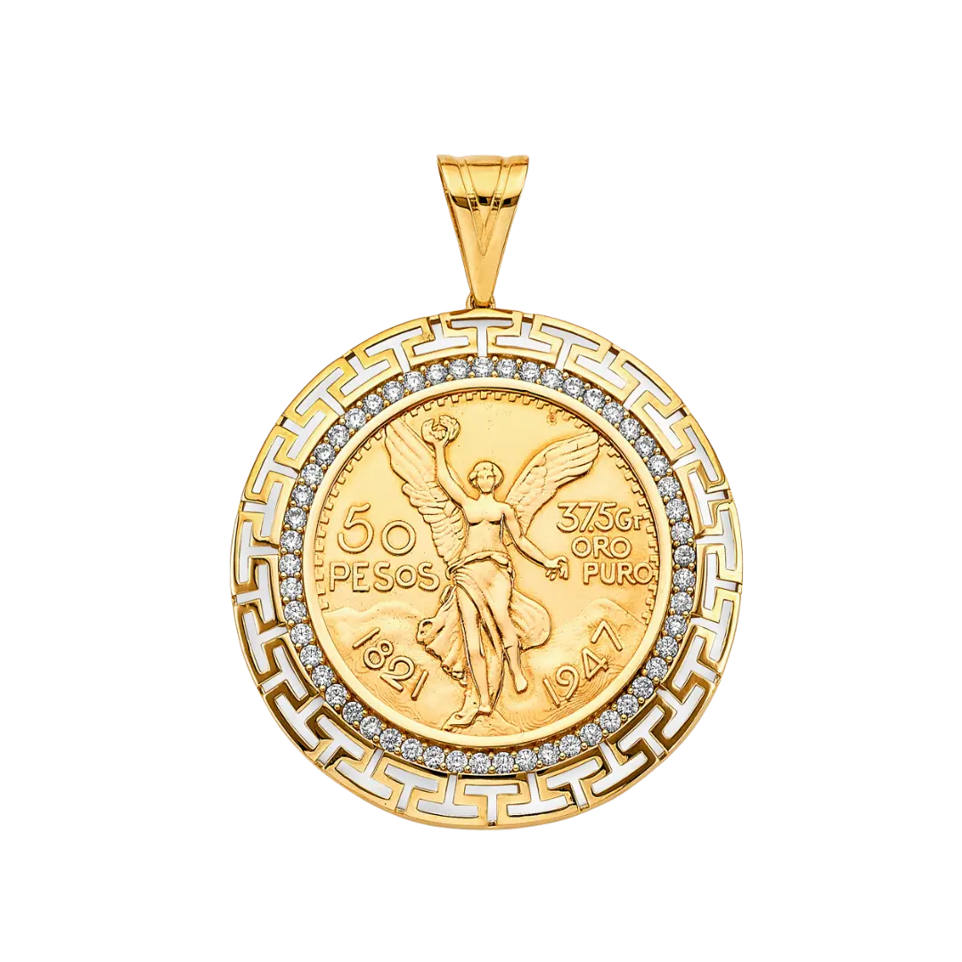 Greek CZ Frame with Coin (50 Pesos) - 14k Gold