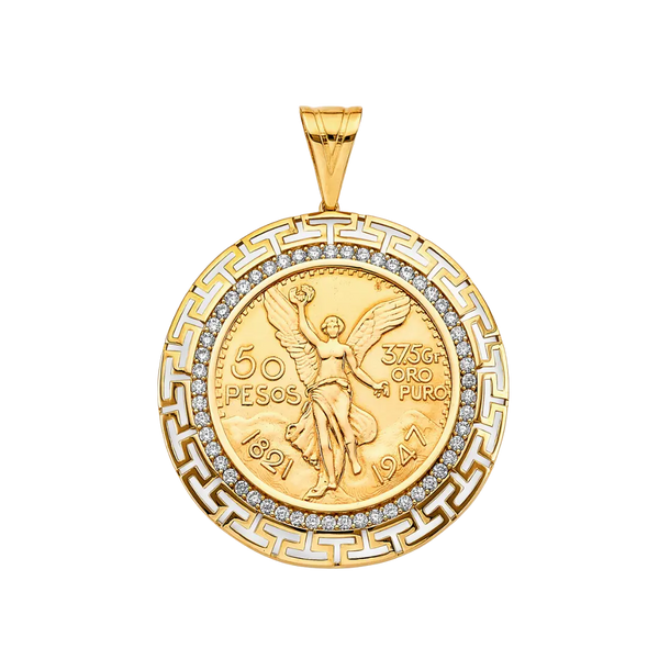 Greek CZ Frame with Coin (50 Pesos) - 14k Gold