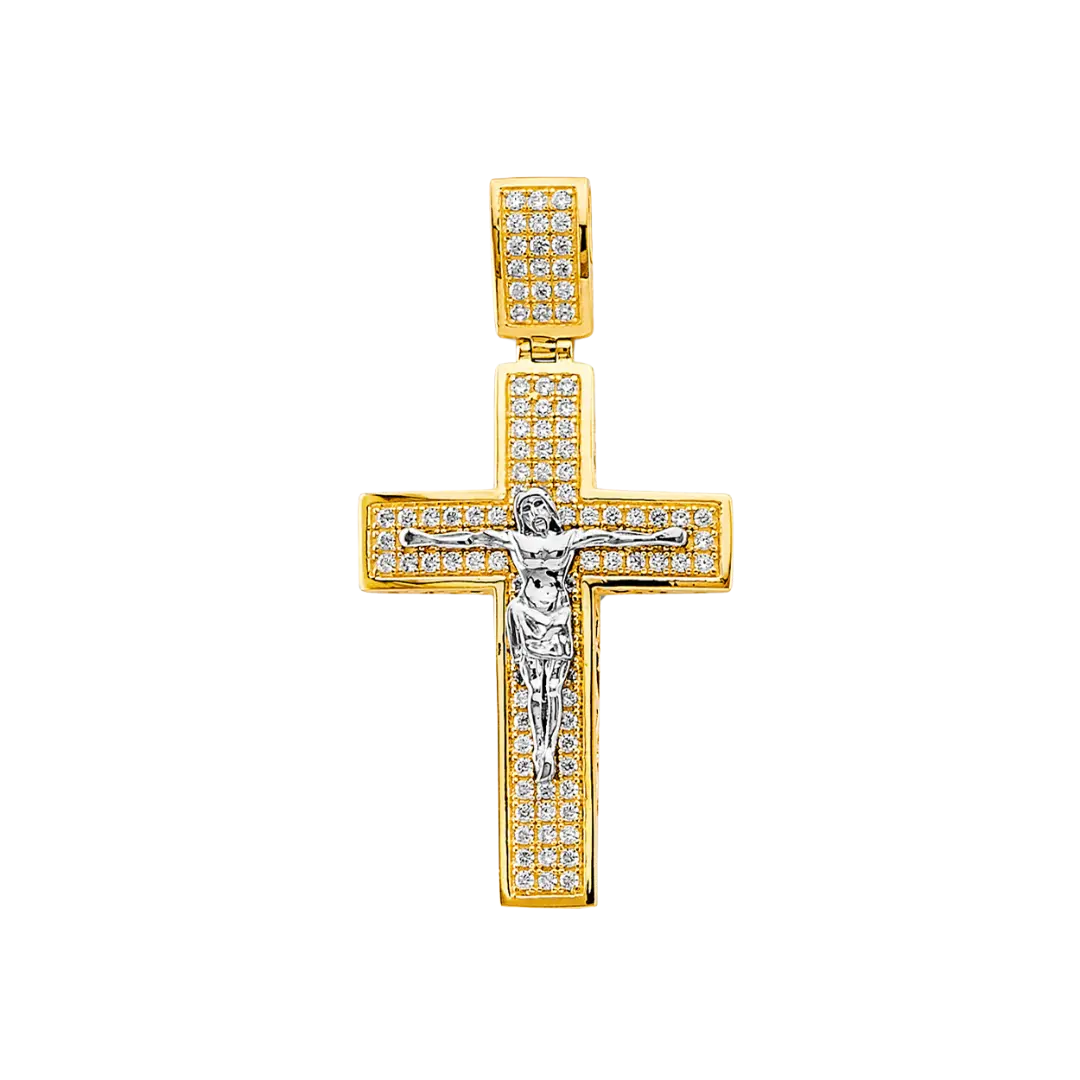 Fancy Crucufix Cross with CZ Pendant - 14k Two Tone Gold