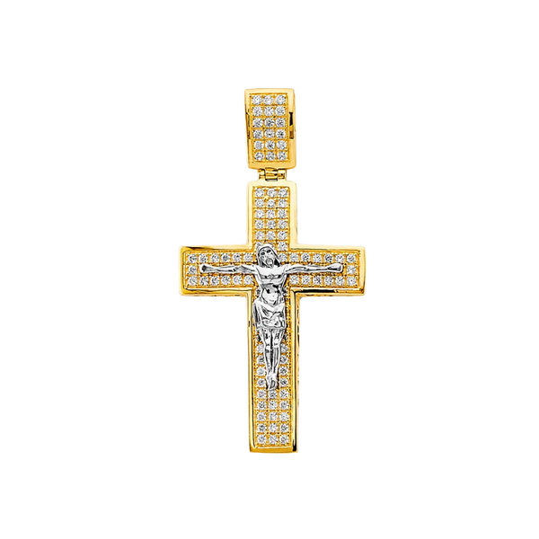 Fancy Crucufix Cross with CZ Pendant - 14k Two Tone Gold