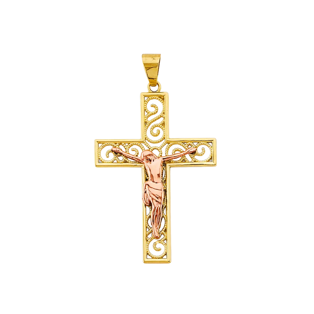 Fancy Crucufix Cross with CZ Pendant - 14k Two Tone Gold