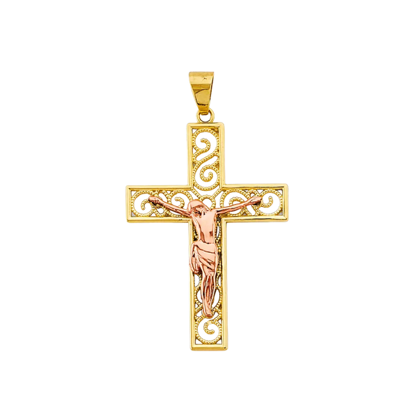 Fancy Crucufix Cross with CZ Pendant - 14k Two Tone Gold