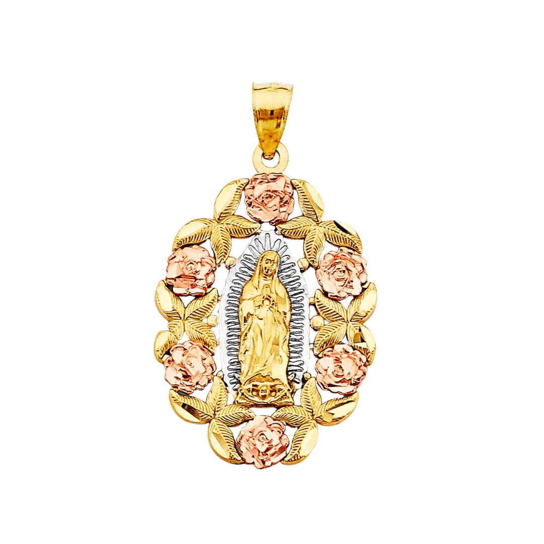 Guadalupe with Flower Pendant - 14k Tri Color Gold