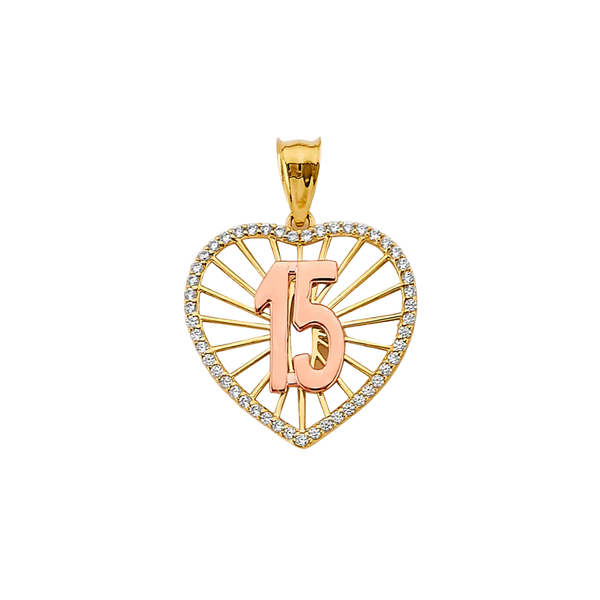 Quince Anos Heart with CZ Pendant - 14k Two Tone Gold