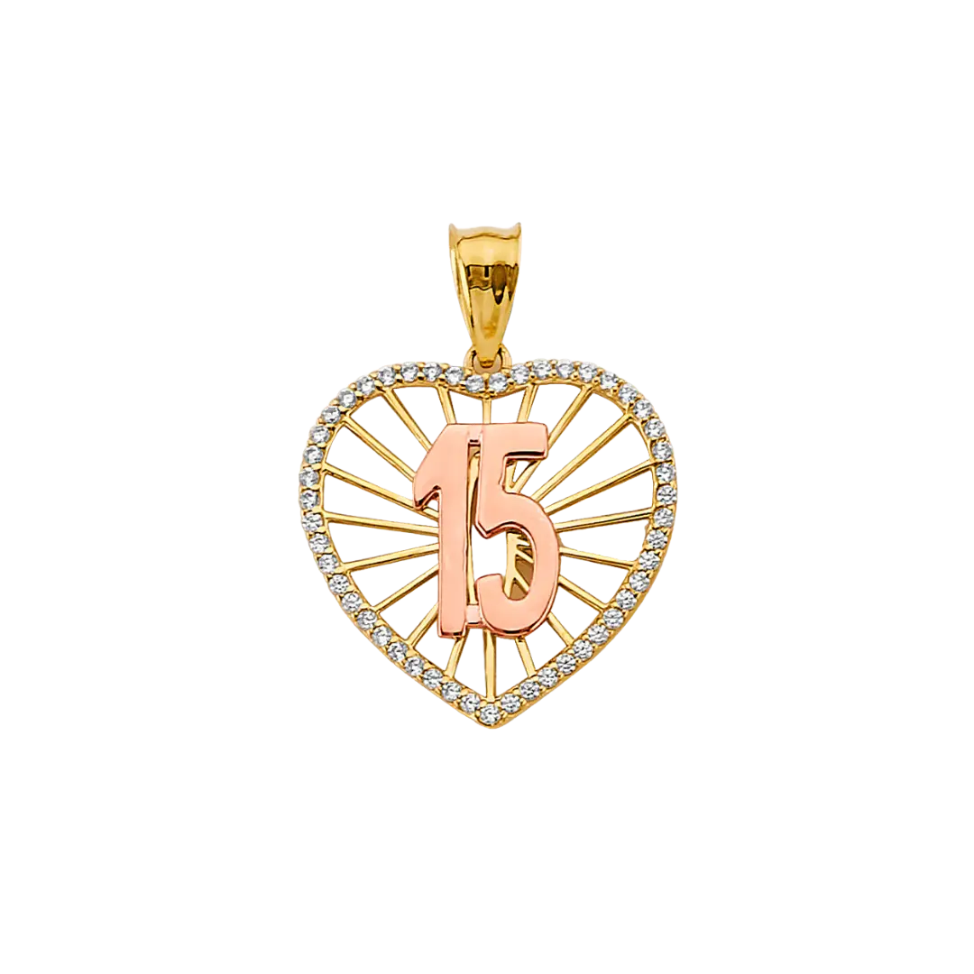 Quince Anos Heart with CZ Pendant - 14k Two Tone Gold