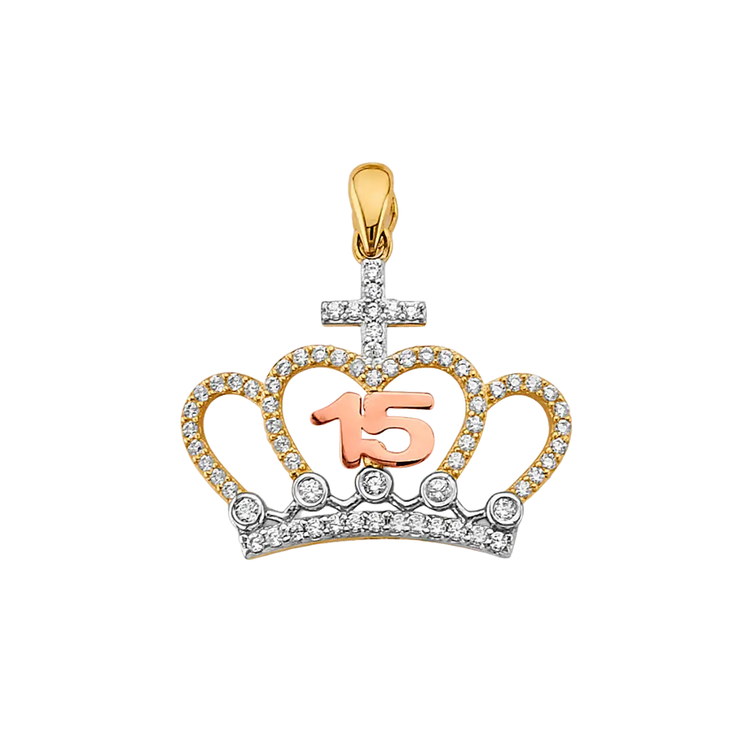 Quince Anos Crown with CZ Pendant - 14k Tri Color Gold