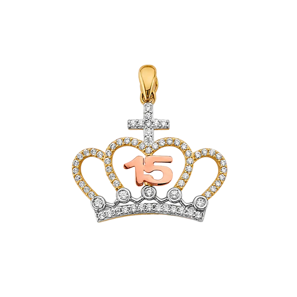 Quince Anos Crown with CZ Pendant - 14k Tri Color Gold