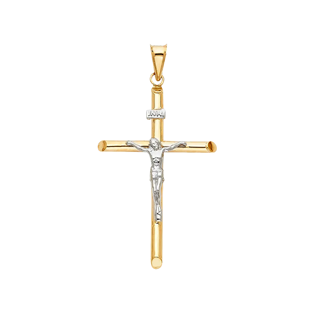 Hollow Round Tube Crucufix Pendant - 14k Two Tone Gold