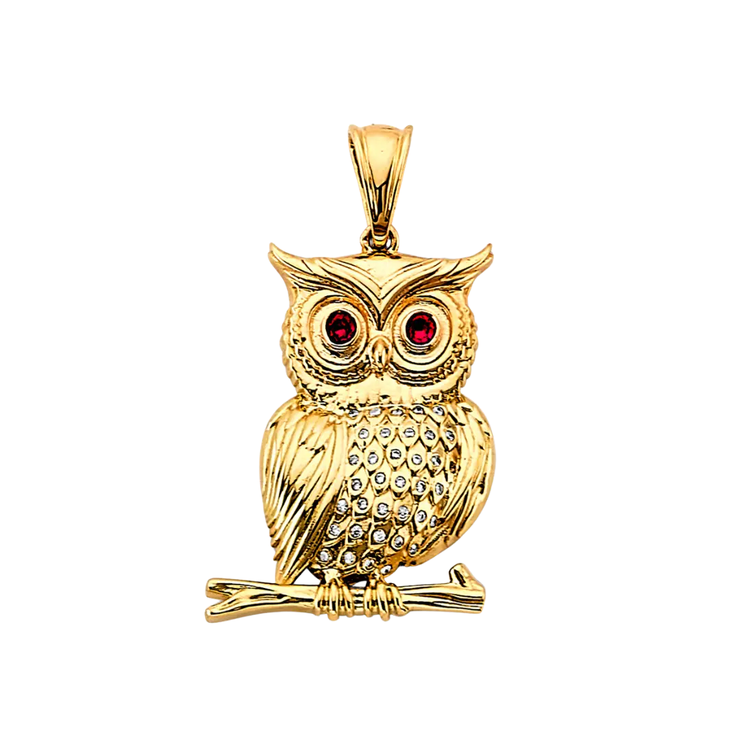 Owl with CZ Pendant - 14k Yellow Gold