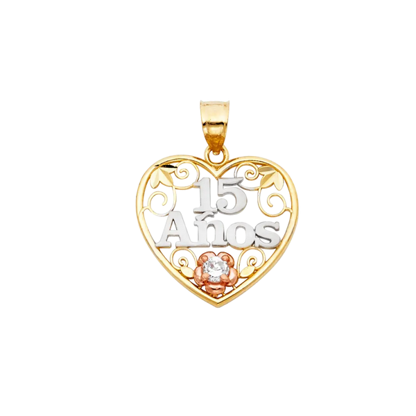 Quince Anos Heart Pendant - 14k Tri Color Gold