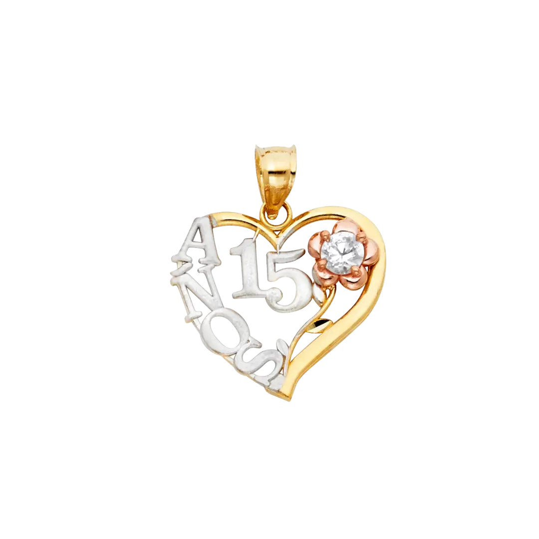 Quince Anos Heart Pendant - 14k Tri Color Gold