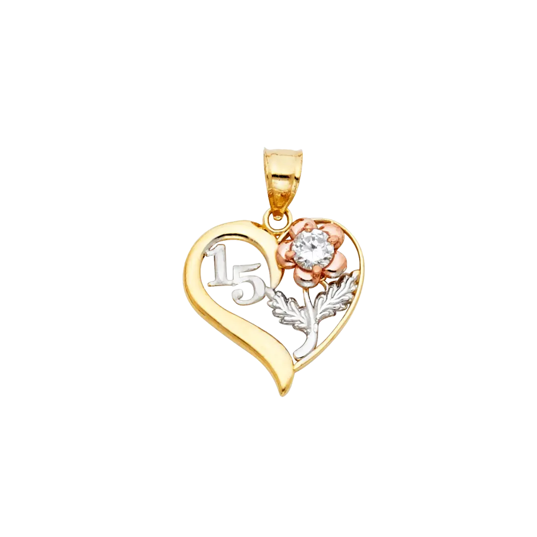 Quince Anos Heart Pendant - 14k Tri Color Gold