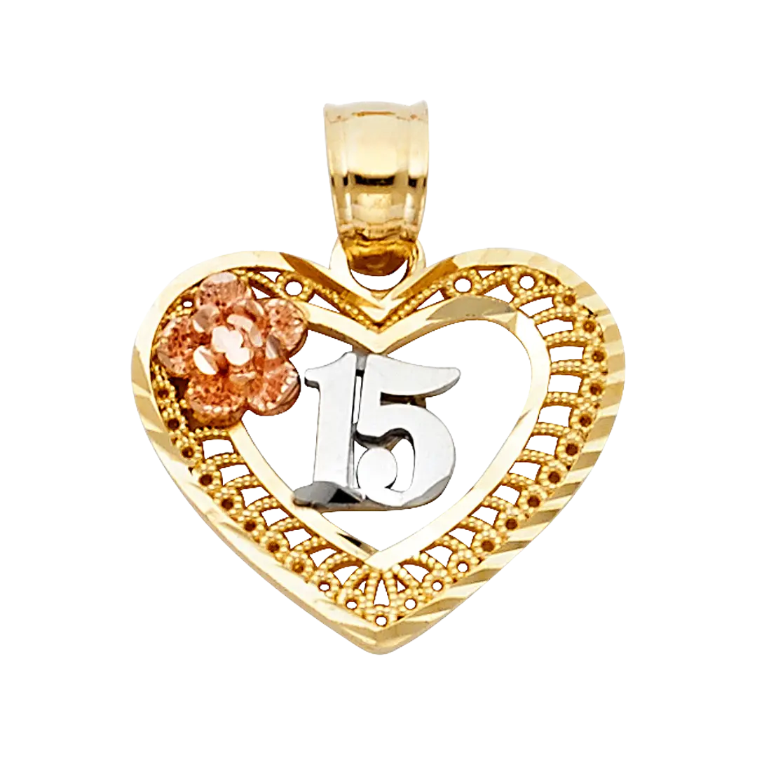 Quince Anos Heart Pendant - 14k Tri Color Gold