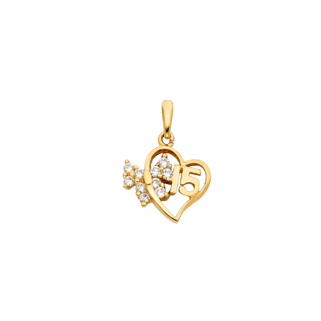 Quince Anos Heart with CZ Pendant - 14k Yellow Gold