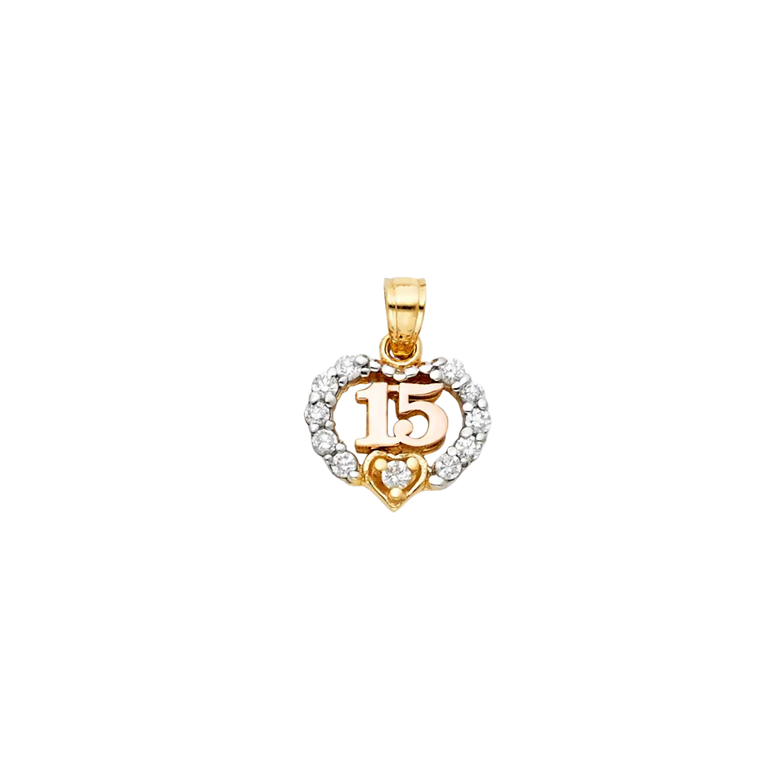 Quince Anos Heart with CZ Pendant - 14k Tri Color Gold