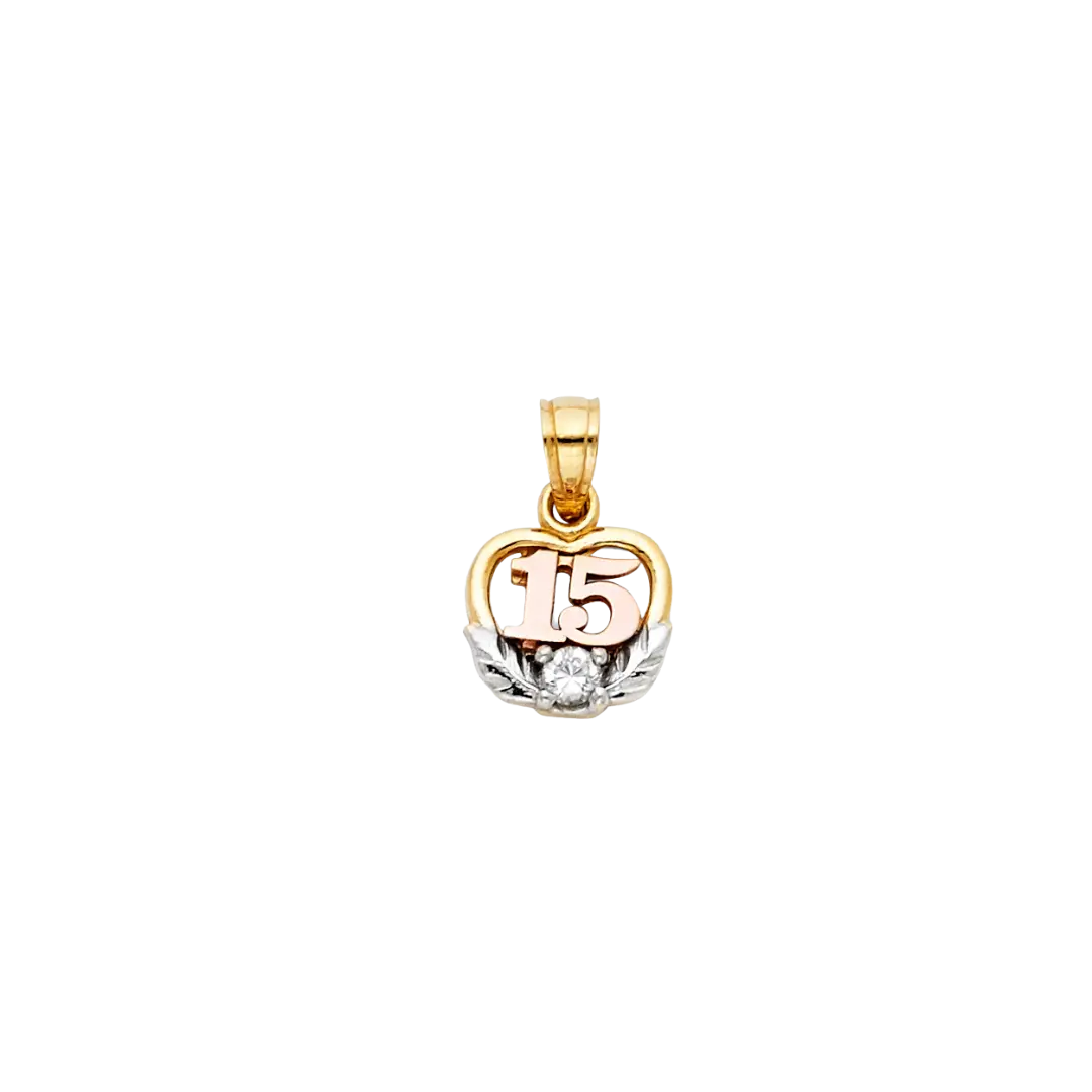 Quince Anos Heart with CZ Pendant - 14k Tri Color Gold