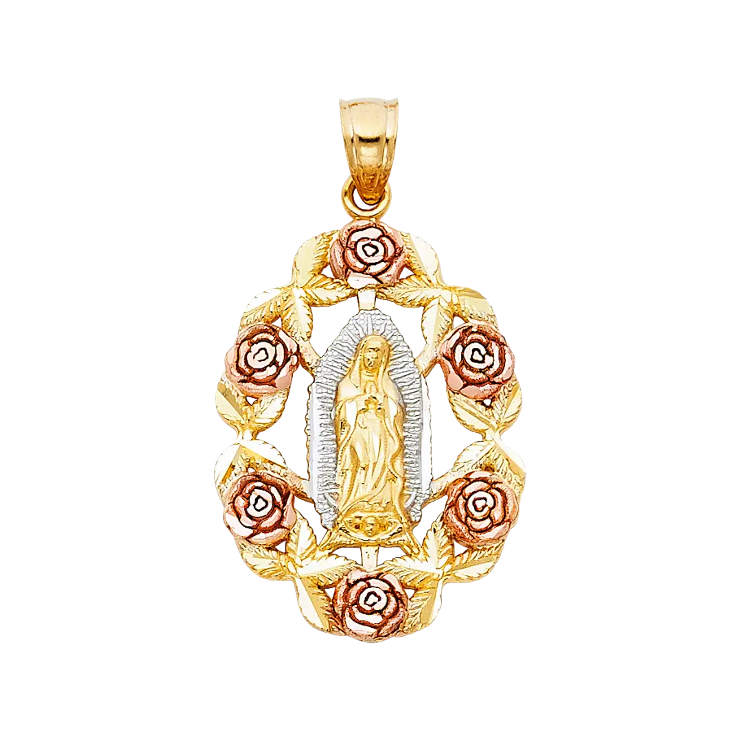 Guadalupe with Flower Pendant - 14k Tri Color Gold