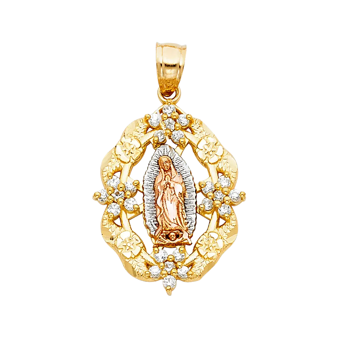 Guadalupe with Flower Pendant - 14k Tri Color Gold