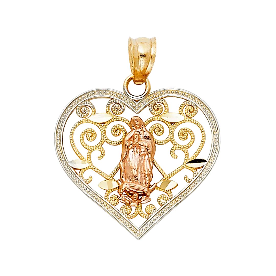 Guadalupe Heart with CZ Pendant - 14k Tri Color Gold