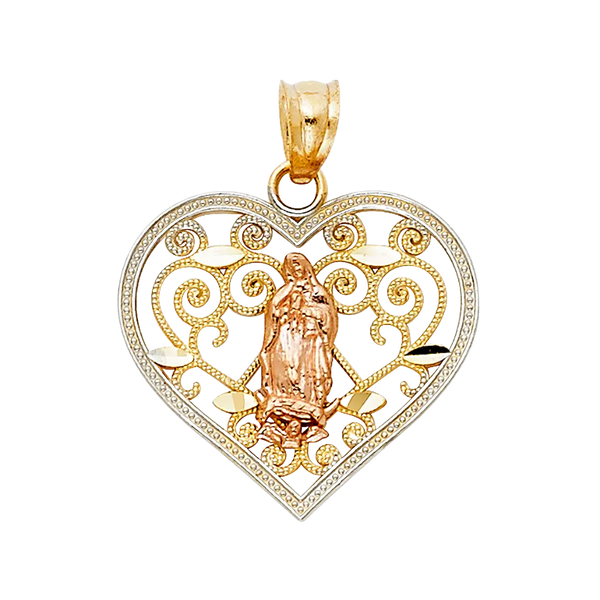 Guadalupe Heart with CZ Pendant - 14k Tri Color Gold