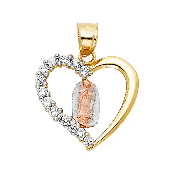 Guadalupe Heart with CZ Pendant - 14k Tri Color Gold