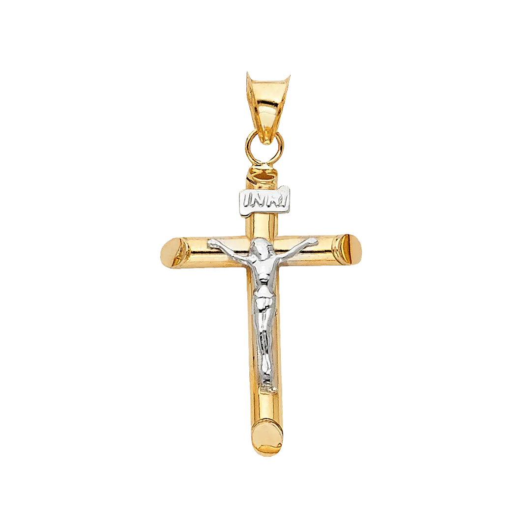 Hollow Round Tube Crucufix Pendant - 14k Two Tone Gold