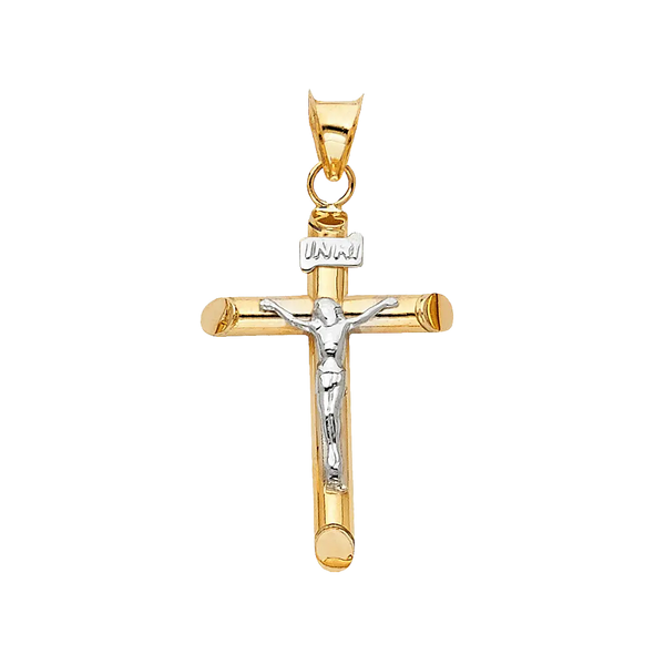 Hollow Round Tube Crucufix Pendant - 14k Two Tone Gold