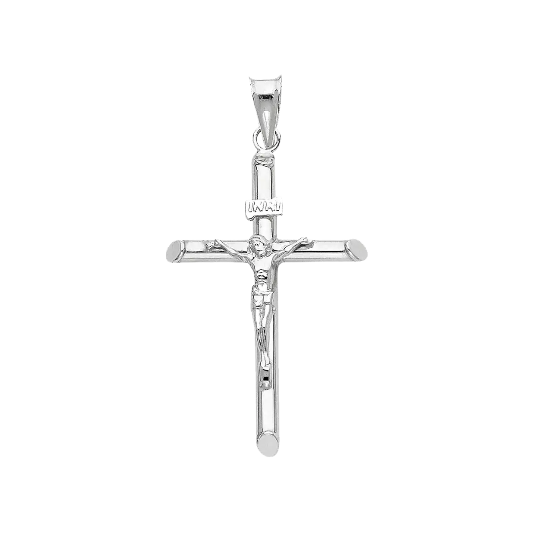 Hollow Round Tube Crucufix Pendant - 14k White Gold