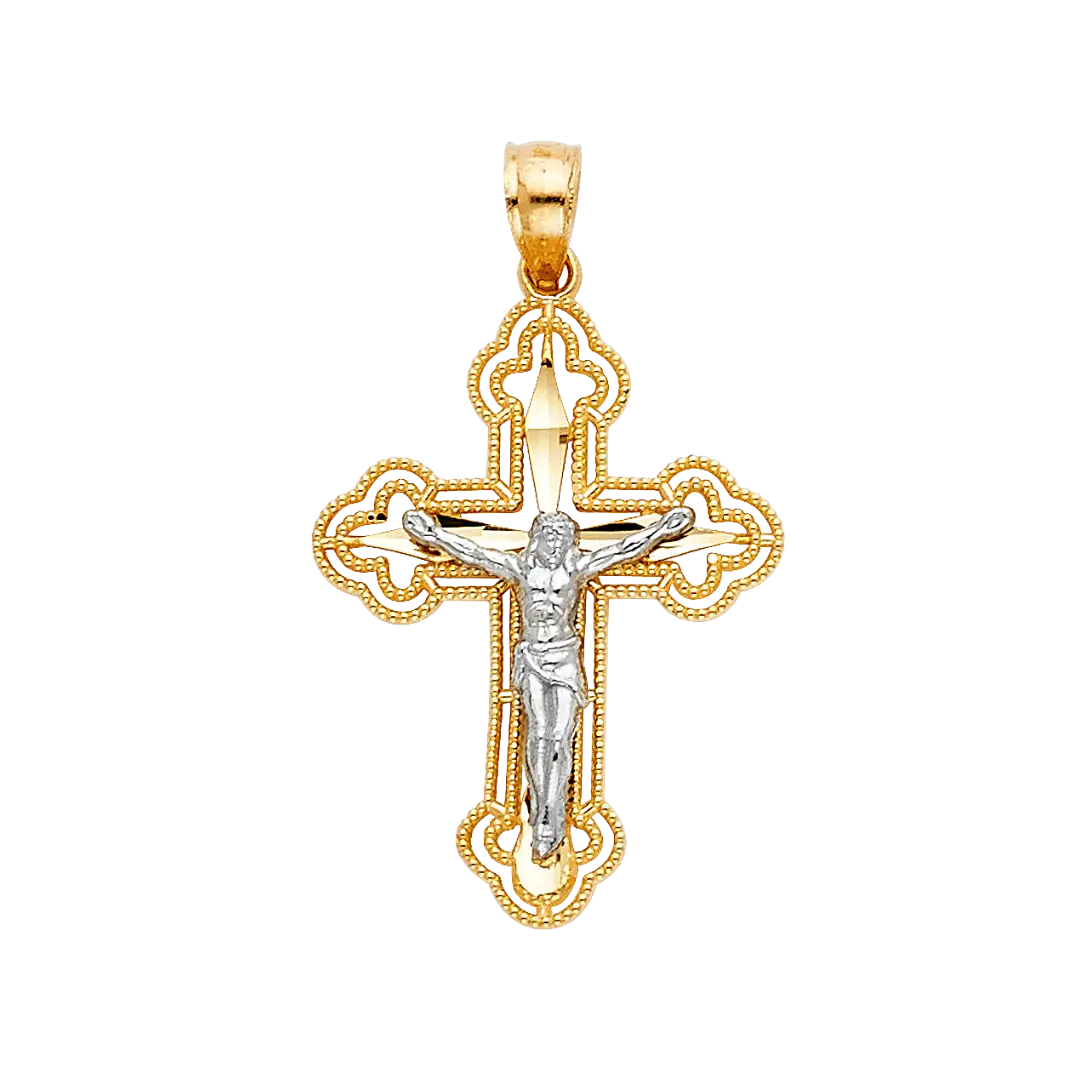 Budded Cut Out Crucufix Pendant - 14k Two Tone Gold