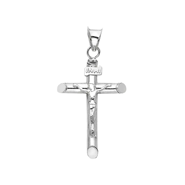 Hollow Round Tube Crucufix Pendant - 14k White Gold