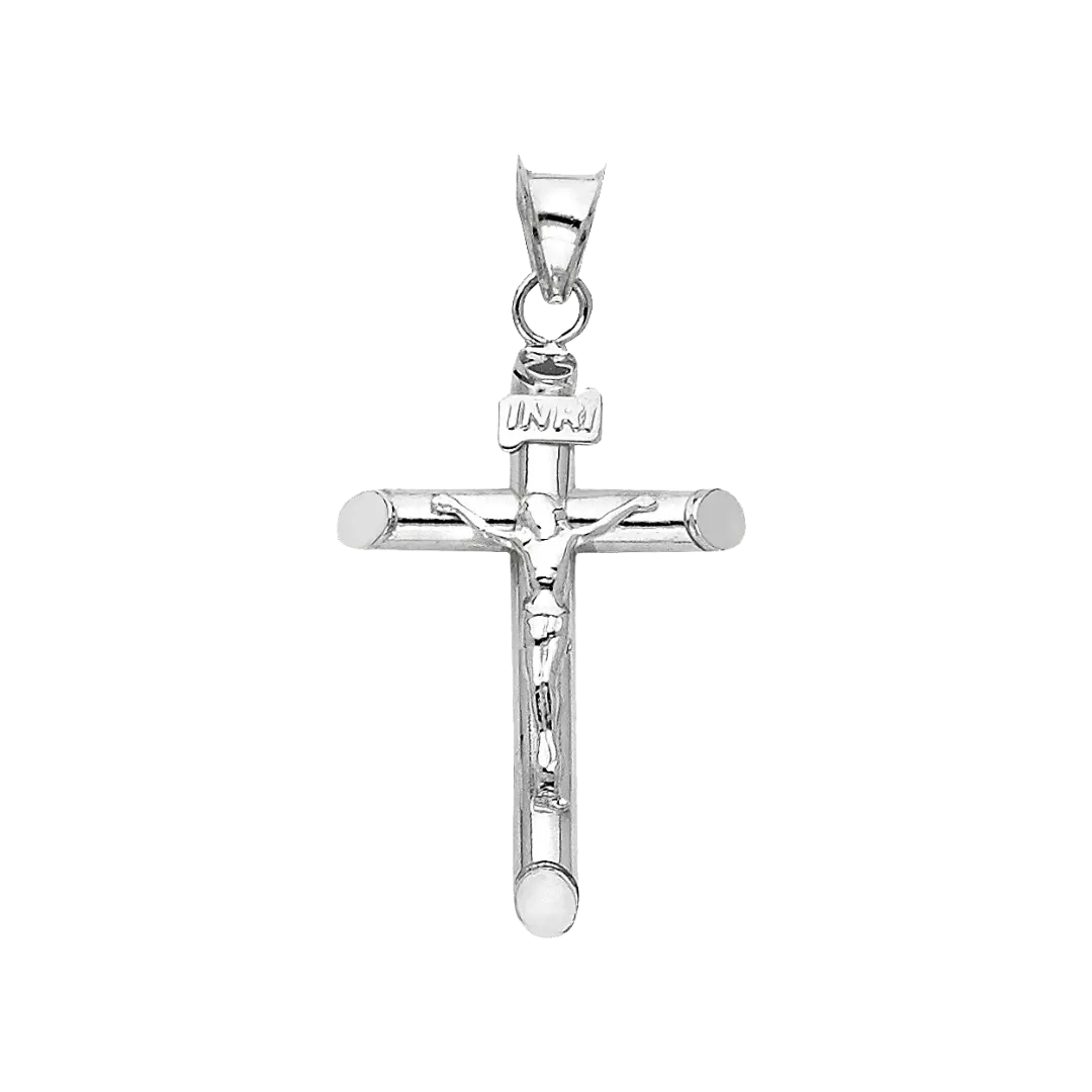 Hollow Round Tube Crucufix Pendant - 14k White Gold