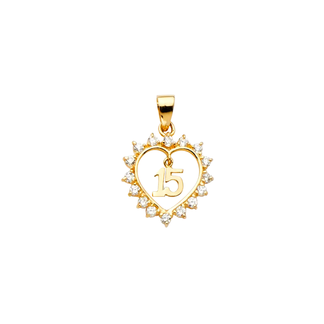 Quince Anos Heart with CZ Pendant - 14k Yellow Gold