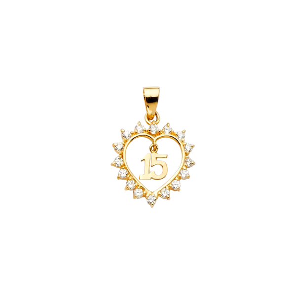 Quince Anos Heart with CZ Pendant - 14k Yellow Gold