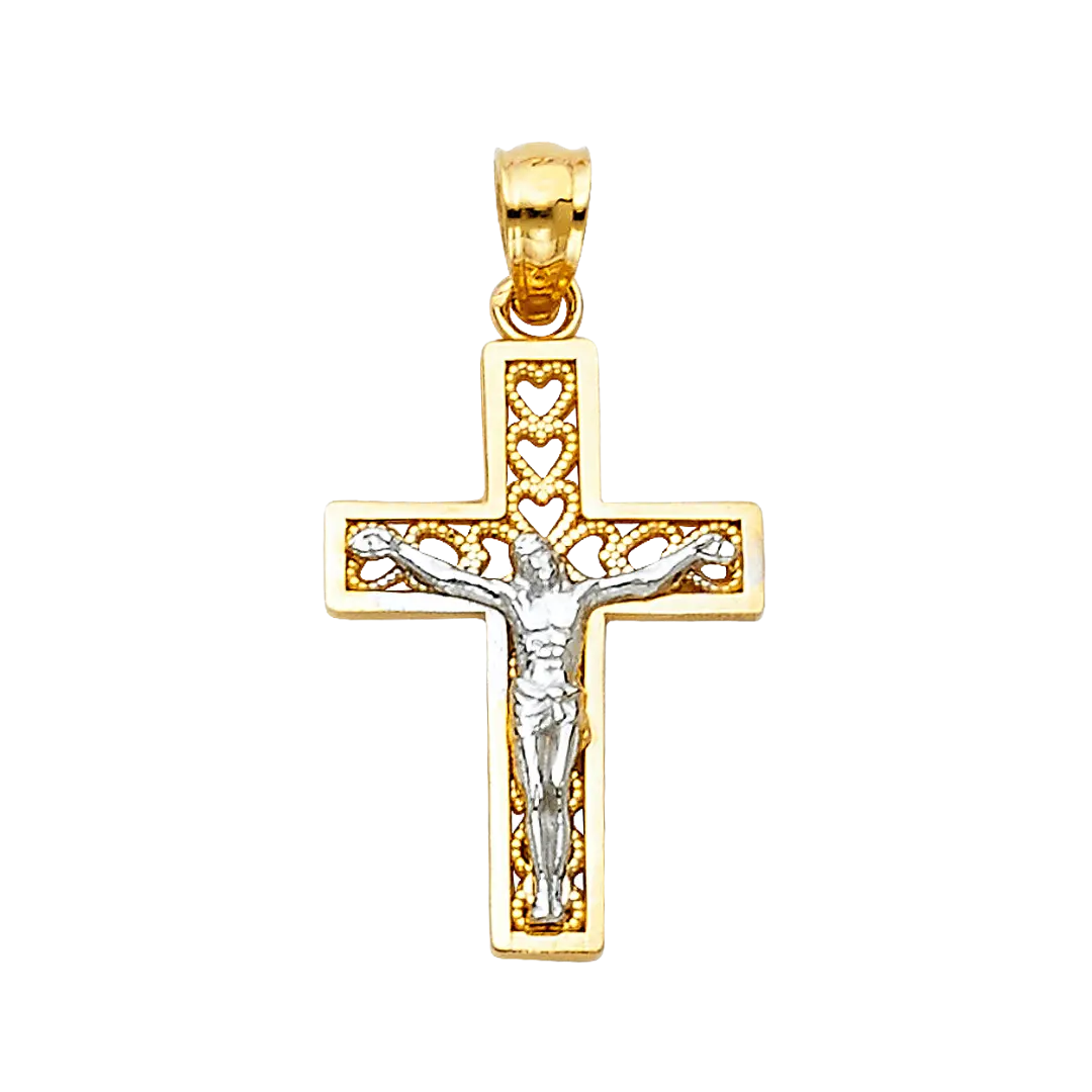 Heart Design Cross Crucufix Pendant - 14k Two Tone Gold