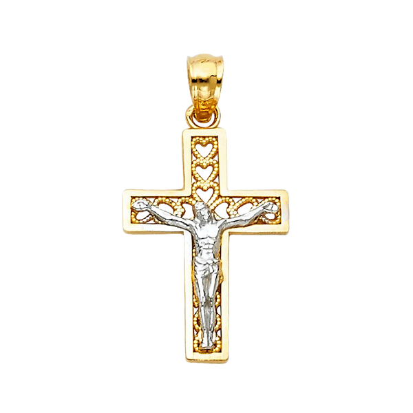 Heart Design Cross Crucufix Pendant - 14k Two Tone Gold