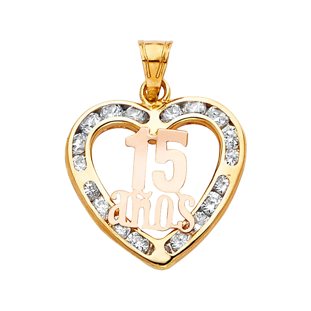 Quince Anos Heart with CZ Pendant - 14k Two Tone Gold