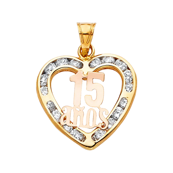 Quince Anos Heart with CZ Pendant - 14k Two Tone Gold