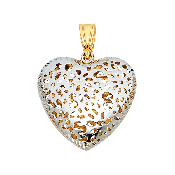 Flower Cut Out Heart Pendant - 14k Two Tone Gold