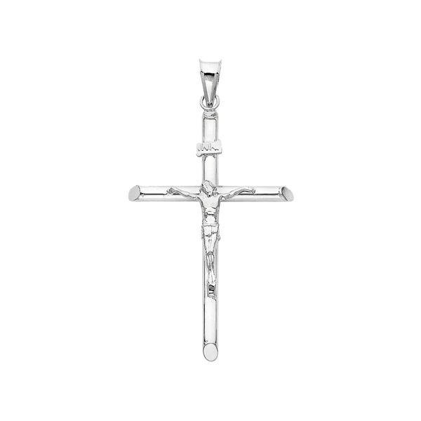 Hollow Round Tube Crucufix Pendant - 14k White Gold