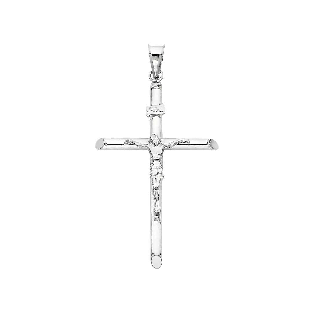 Hollow Round Tube Crucufix Pendant - 14k White Gold