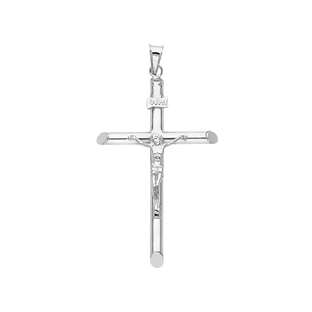 Hollow Round Tube Crucufix Pendant - 14k White Gold