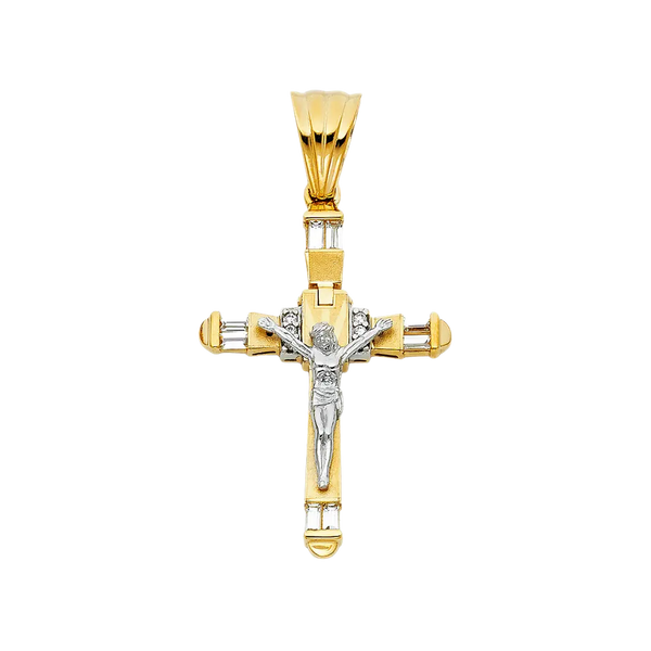 Fancy Crucufix Cross with CZ Pendant - 14k Two Tone Gold