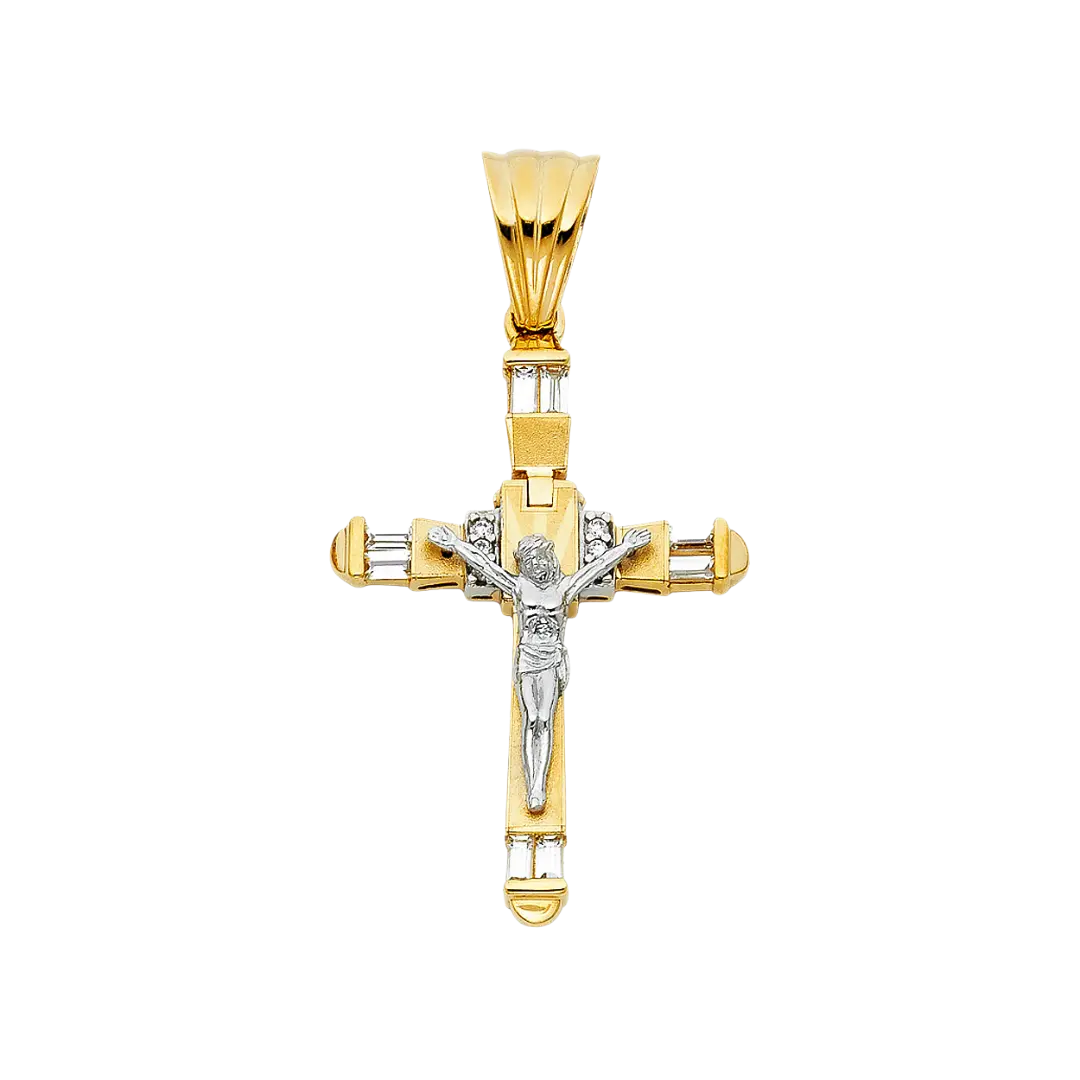 Fancy Crucufix Cross with CZ Pendant - 14k Two Tone Gold