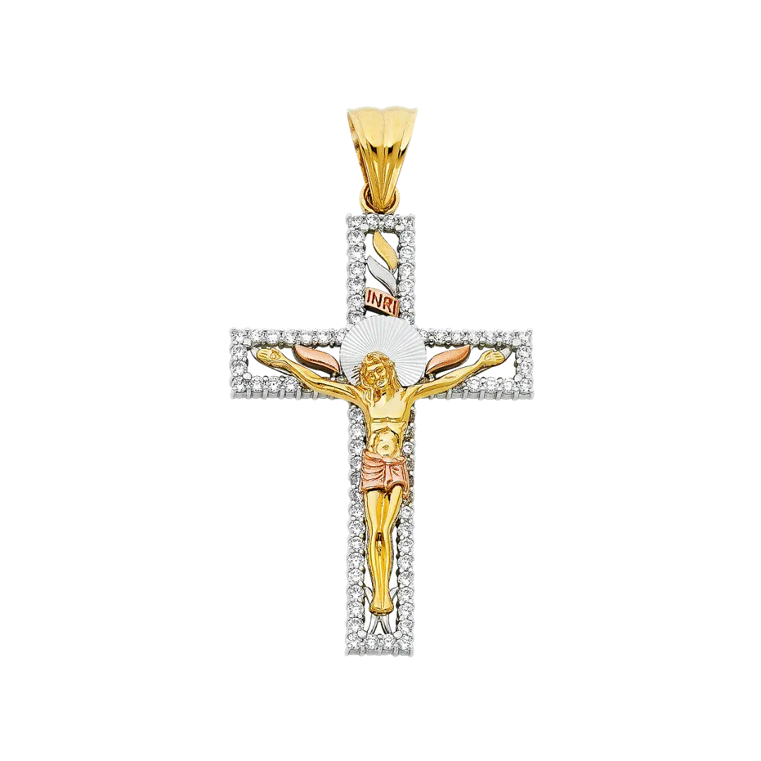 Fancy Crucufix with CZ Pendant - 14k Tri Color Gold