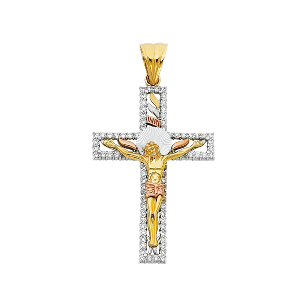 Fancy Crucufix with CZ Pendant - 14k Tri Color Gold