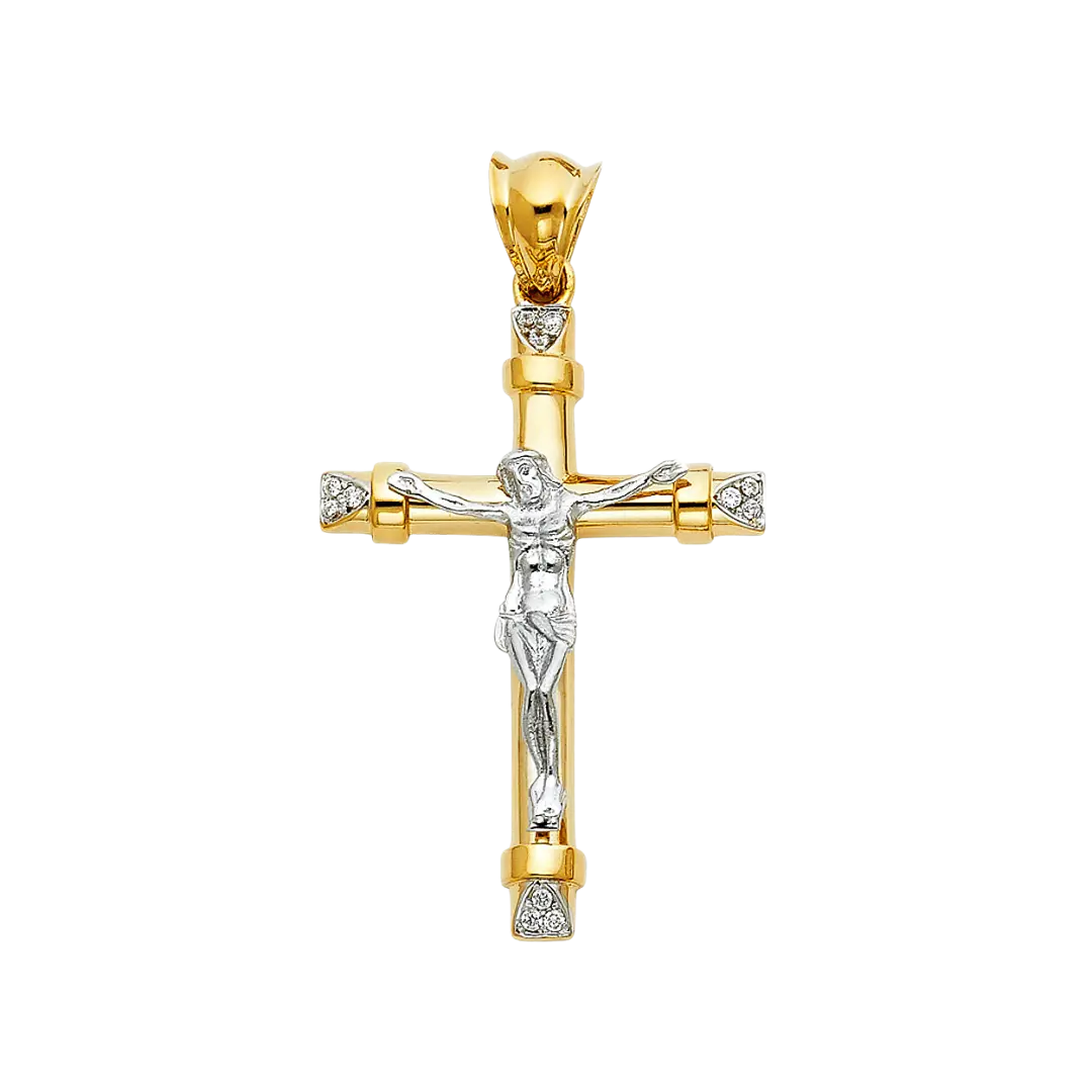 Fancy Crucufix Cross with CZ Pendant - 14k Two Tone Gold