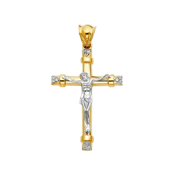 Fancy Crucufix Cross with CZ Pendant - 14k Two Tone Gold