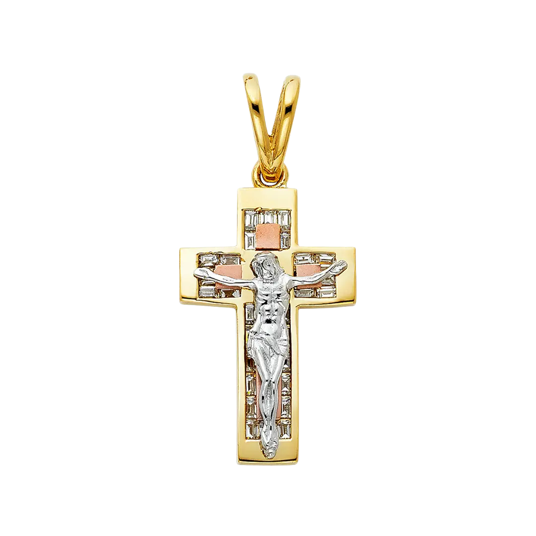 Fancy Crucufix with CZ Pendant - 14k Tri Color Gold