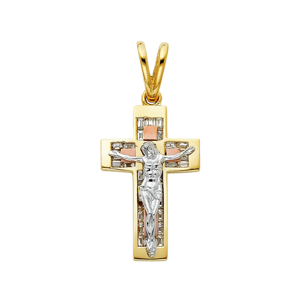 Fancy Crucufix with CZ Pendant - 14k Tri Color Gold